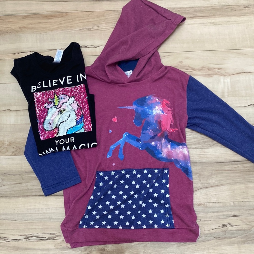 Justice Girls Unicorn Bundle Size 8/10. Pullover Hoodie and T Shirt. So Cute.